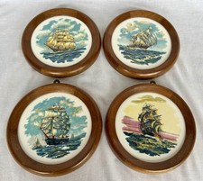 4 Vintage H&R Johnson Sailing Ship Tiles Spindle Hand Turned Wood Framed Plaques picture