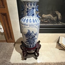 Large Blue & White Porcelain Floor Vase-Hand Painted Bird Floral w/Stand as is. picture