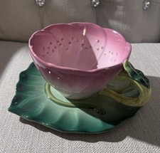 Bella Casa by Ganz Hibiscus Flower Cup and Saucer Vintage Purple Tone Rare picture