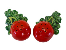 Vintage 1950s Ceramic Art Pottery Tomato Salt and Pepper Shakers Fruit Japan picture