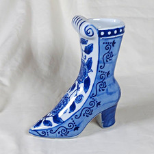 Bella Casa Blue & White Floral Ceramic Boot Shoe Vase, Glazed Finish, Signed picture