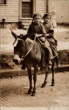 Two Girls Riding a Burro - HORSE Real Photo Postcard picture