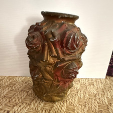 Antique Goofus Glass Vase Brown/Red /Gold Raised Relief 3D Roses picture