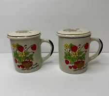 Wild Strawberry Vintage Stoneware Coffee Mugs With Lids - Set of 2 - 1970's picture