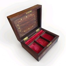 Vintage Antique Rosewood Bronze Copper Mission Inlaid Wood Velvet Lined Card Box picture
