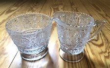 Vintage Clear Pressed Glass Scroll Work Creamer & Sugar Bowl Pair Set picture