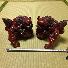 Chinese Shisa Pair Lucky Charm Guardian Dog Carved Wood Red Lacquer Statues picture