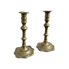 Pair of Early c 18th English Brass Petal Base Candlesticks 7.5” READ DESCRIPTION picture