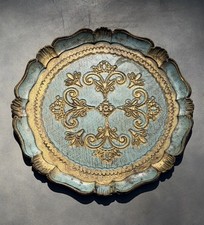 Vintage Italian Florentine Scallop Tray Turquoise Gold Italy Round 11.75
