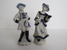 Vintage Cobalt Blue Porcelain Man And Woman Victorian Figurines Playing Music picture
