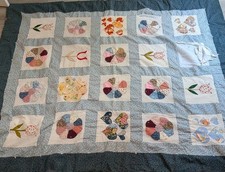 Vintage Blue Wreath/Floral Patchwork Tied Quilt FOR REPAIR And Parts 72-84