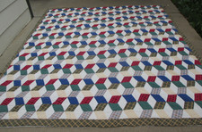 Vintage Quilted Patchwork Tumbling Blocks Diamomd 3D Quilt Hand Sewn 92