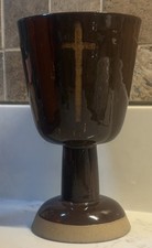 Older Ceramic Chalice, Brown Glazing, 4 Crosses on Cup - 7” Tall picture