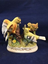  Lefton Japan Yellow Birds with Young Bird on Tree Flowers Porcelain Figurine picture