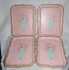 4 Pink Hand Painted Angel Vintage Metal Snack Trays Nashco Products Christmas picture