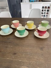 Vintage 50s Salisbury Bone China Teacup Set Of 6 Pastel Harlequin Pattern 3034 picture