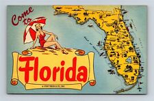 Postcard State Map Greetings From Florida Cities Attractions Bathing Beauty AM3 picture