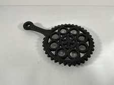Vintage Cast Iron Gear Trivet with Handle 3 Footed Ornate Flower picture