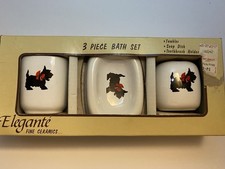 VTG Elegante Fine Ceramics 3 Piece Bath Set Black Scottie Scottish Terrier Dog picture