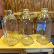 Lot of3 Vintage Clear Glass Milk Bottles 1 Quart Square Embossed Farmhouse Decor picture