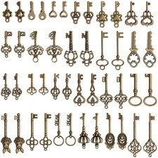 46Pack Old Vintage Antique Skeleton Keys Lot Large Small Necklace Pendant Bronze picture