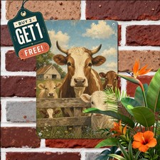 Curious Herd Cows Behind Fence Sign Blue Farm Countryside Metal Tin Plaque picture