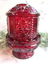 Vintage Indiana Glass Ruby Red Stars and Bars Fairy Lamp 2 pc Candle Holder chip picture