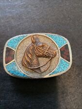 Vintage  3D Belt Buckle With Copper Horse Head Silver/turquoise/Copper picture