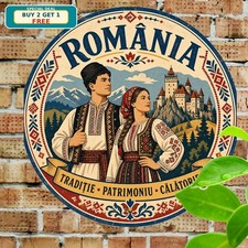 Romanian Traditional Attire Folk Art Scenery Round Metal Sign Home Wall Decor picture