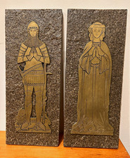 Vintage Medieval Knight & Lady Brass Rubbing Wall Plaques Pair 14.5
