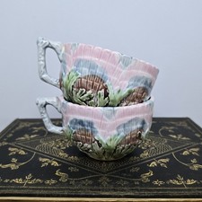 HTF Pair of French Barbotine (Majolica) Shell & Seaweed Etruchan Tea Cups- 1885 picture