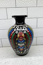 Vintage Hand-Painted Mexican Folk Art Ceramic Vase with Floral Motifs picture