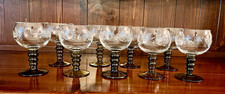 Set of 8 Vintage Crystal Roemer Wine Glasses w Etched Grapes Green Beehive Stem picture