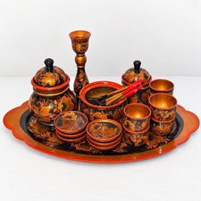 VTG 25pc Khokhloma Hand Painted Wood Lacquerware Serving Set Tray Cups Bowls picture