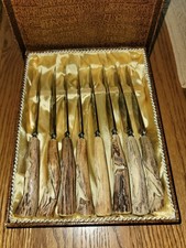 Vintage KLA-TRA-SO Solingen 8-Pc Steak Knife Set Carved Antler Handle picture