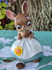 Josef Originals Hand Painted Ceramic Bunny Girl Figurine Blue Dress Apron 3in picture