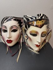 Clay Art About Face 2 Ceramic Masks Harlequin Theater 1989 Hand Painted Ribbons picture
