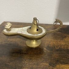 Solid Brass Genie Lamp Incense Burner Mother Of Pearl Inlay Aladdin picture