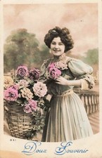 Doux Souvenir Edwardian Lady w/ Roses Basket Hand-Colored RPPC Postcard 1918 picture