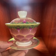 Porcelain Gaiwan Set, 3‑Piece Tea Cup Lid Saucer, Kung Fu Tea Ware Collectible   picture