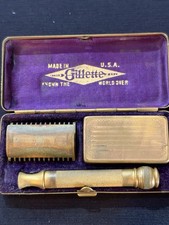 Antique Gillette Gold Tone Safety Razor Set W/Original Case & Razor Blade picture