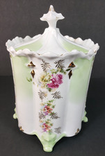 Saxe Altenburg Germany Medium Canister Footed Green Floral Lid Porcelain Antique picture