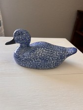 VTG Enesco Blue Spongeware Ceramic Duck Decoy Figurine Spatterware Speckled 7.5