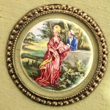 Vintage Wall Art Porcelain Plaque Courting Couple, Ornate Gold Framed  picture