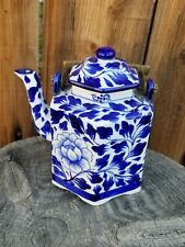 Vintage Hancrafted Signed Blue & White Floral Teapot From Thailand 6 Inches Tall picture