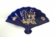 Vintage Chinese Porcelain Peacock Fan Shaped Tray Dish Cobalt Blue Gold Floral picture
