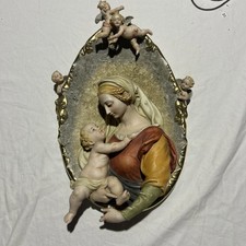 Madonna Vintage Italian Polychrome Porcelain Wall Plaque Madonna with Child MCM picture