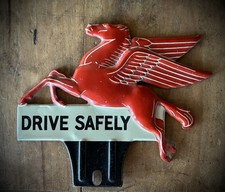 Vintage 1950'S Drive Safely Mobil Pegasus License Plate Frame Tag Topper picture
