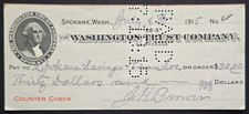 1915 Washington Trust Co Spokane WA Bank Check w/ Perfin Paid Stamp Ephemera picture