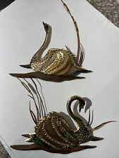 Vintage Mid Century Modern Brass Copper Swans & Wood Cattail Wall Hangings Tin picture